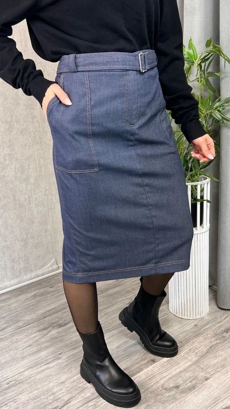 Klasyczna spódnica jeansowa midi granatowa z paskiem ołówkowa rozmiar 46 18 xxxl plus size obraz 2